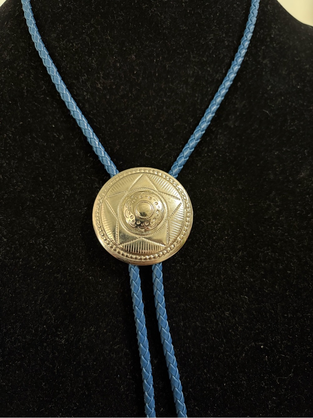 Vintage Southwestern /Western Silver Star Bolo Tie with Blue Braided Cord